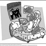 Comic-Zeichnung in schwarz-weiß. Zu sehen sind zwei Mädchen auf einem Bett, die sich auf einem Tablet etwas anschauen