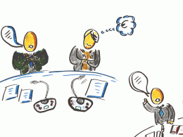 Zeichnung, drei Männer bei Verhandlungen