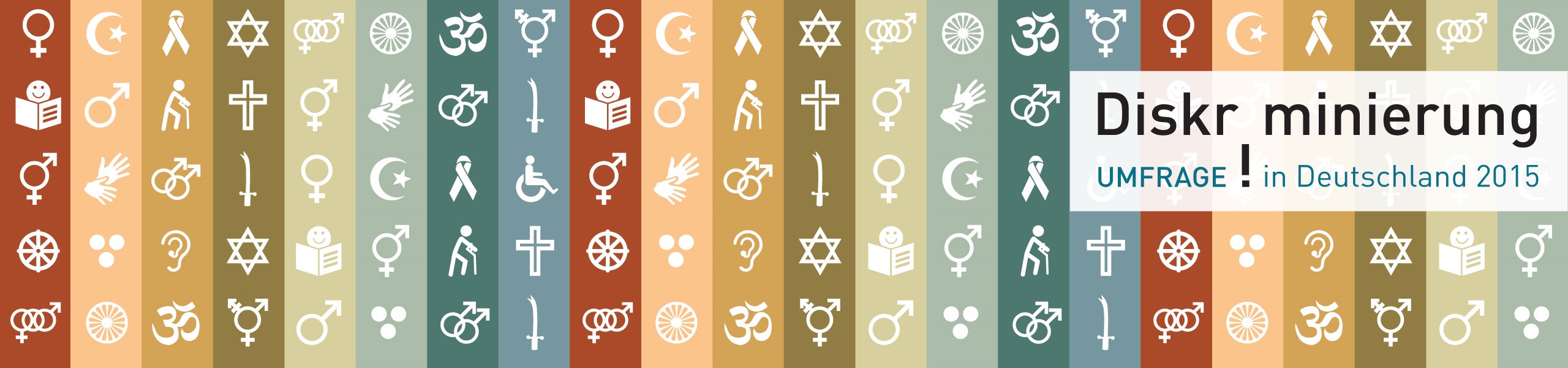 Symbole zum Thema Diskiminierung auf verschiedenfarbigen Streifen mit der Aufschrift Diskriminierung