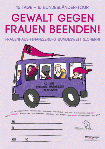 Plakat in Lila mit Bus voller Frauen