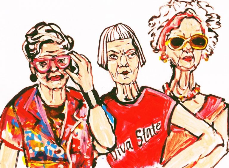 Gemaltes Bild von drei älteren, stylischen Damen