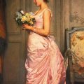 Gemälde von einer Frau, die einen Blumenstrauß und einen Brief hält
