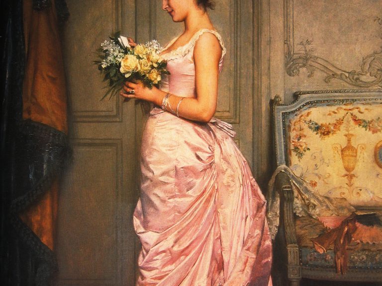 Gemälde von einer Frau, die einen Blumenstrauß und einen Brief hält
