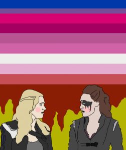 Zeichnung: zwei junge Frauen vor bunter Lesben-Flagge