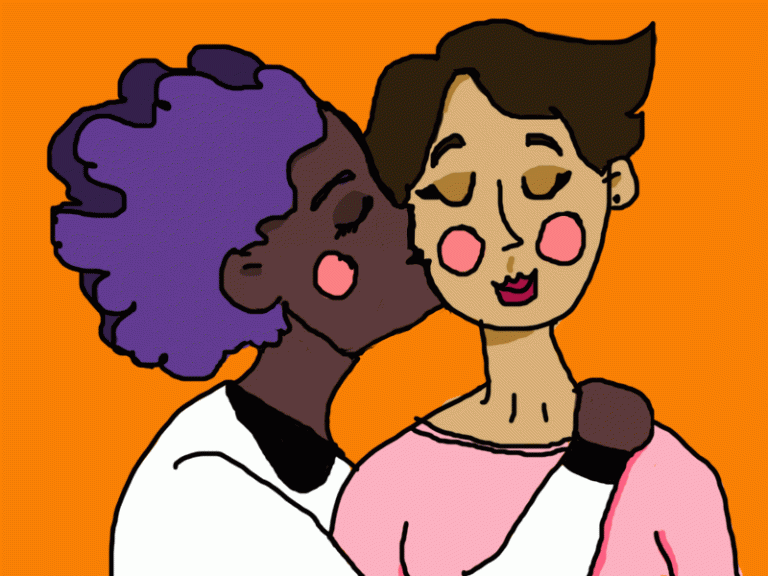Ehe für alle, Zeichnung: Frau gibt anderer Frau einen Kuss auf die Wange