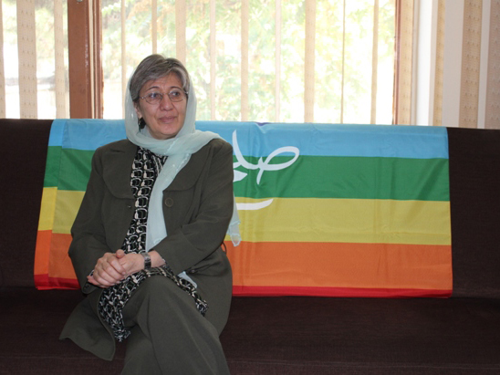 Sima Samar sitzt auf der linken Seiten eines Sofas. Über das Sofa ist eine Regenbogenflagge drapiert.