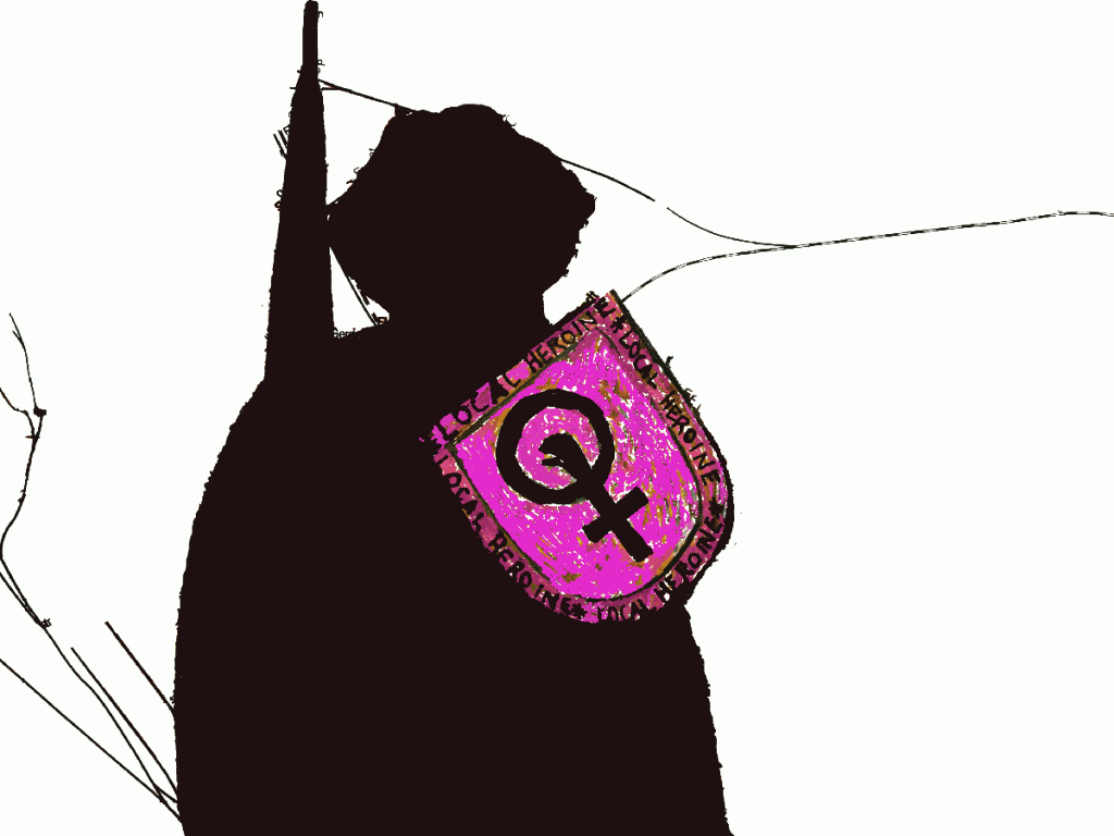 Rolandsilouette mit Frauenzeichen im pinken Schild