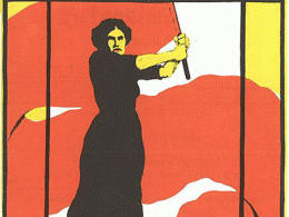 Plakat einer Frau mit roter Fahne, Plakat des Weltfrauentags 1914, Symbol für Frauenwahlrecht