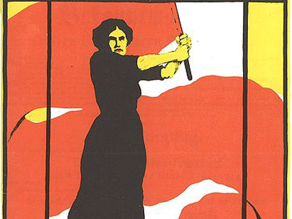Plakat einer Frau mit roter Fahne, Plakat des Weltfrauentags 1914