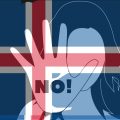 Frau hebt die Hand zur Abwehr, hinterlegt mit einer Isländischen Fahne