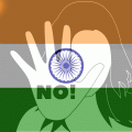 Frau hebt die Hand zur Abwehr, hinterlegt mit einer Indischen Fahne