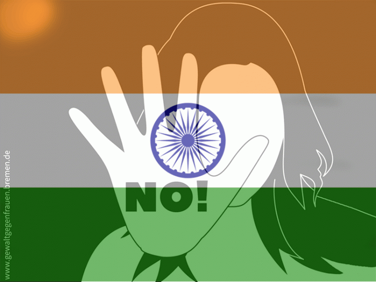 Frau hebt die Hand zur Abwehr, hinterlegt mit einer Indischen Fahne