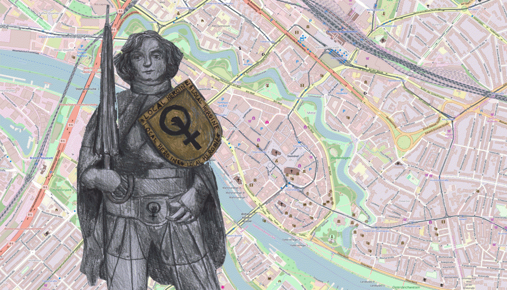 Ein weiblicher Roland vor einem Ausschnitt des Bremer Stadtplans