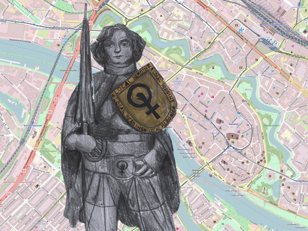 Ein weiblicher Roland vor einem Ausschnitt des Bremer Stadtplans