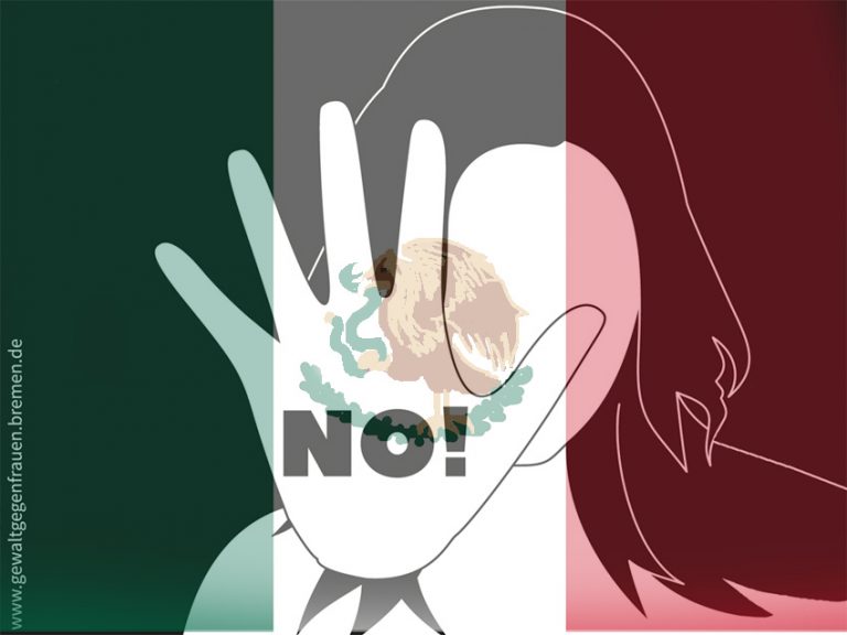 Frau hebt die Hand zur Abwehr, hinterlegt mit einer Mexicanischen Fahne