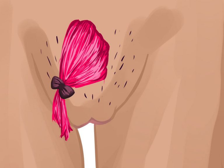 bunte Abbildung einer Vulva mit pinkem Schamhaarzopf, seitlich zusammengebunden