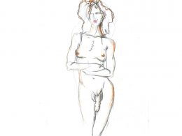 Zeichnung einer nackten trans Frau. Steht mit verschränkten Armen und blick nach vorn. Sie hat lange Haare. Ihr Penis und ihre Brüste sind sichtbar.