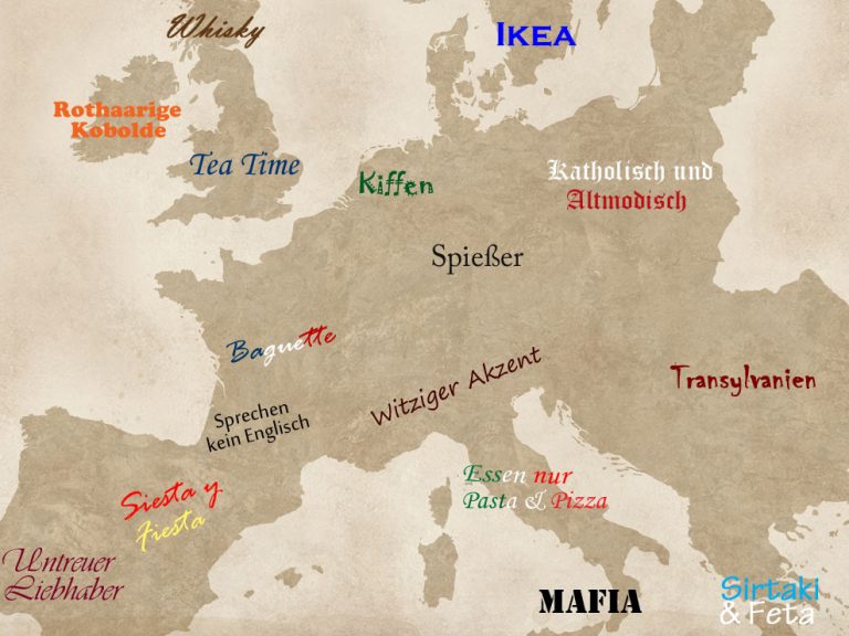 Mit Stereotypen beschriftete Europakarte
