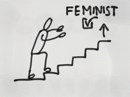 Ein Strichmännchen geht eine Treppe hoch, auf dessen oberster Stufe ein Pfeil nach oben auf das Wort Feminist deutet