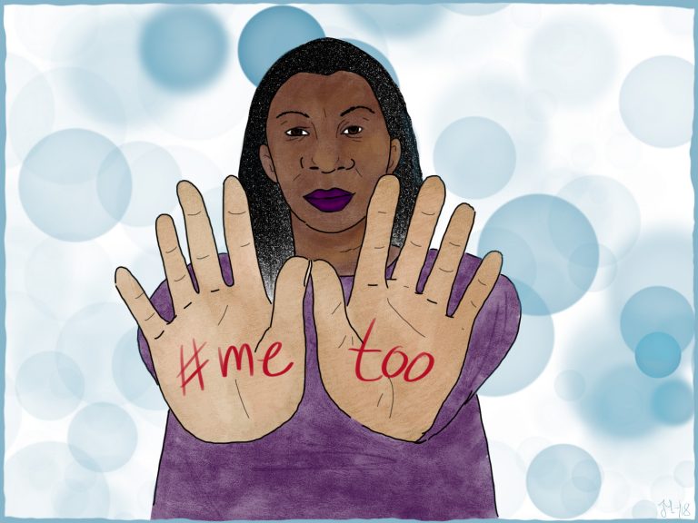 Illustration von Tarana Burke, die ihre Hände ausstreckt auf denen #metoo steht