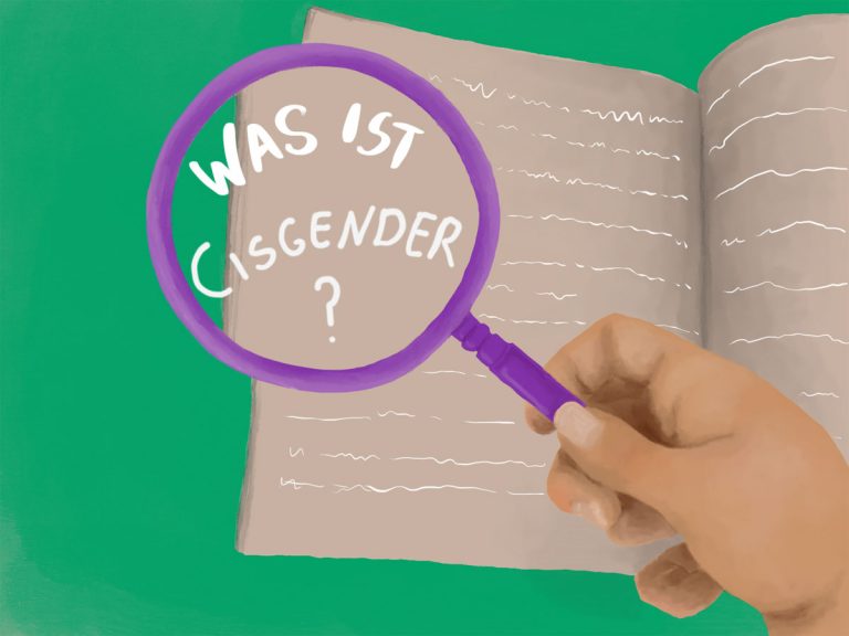 Lila Lupe wird von einer Hand gehalten, darunter liegt ein Heft mit Schrift. In der Lupe steht: Was ist eigentlich Cisgender?