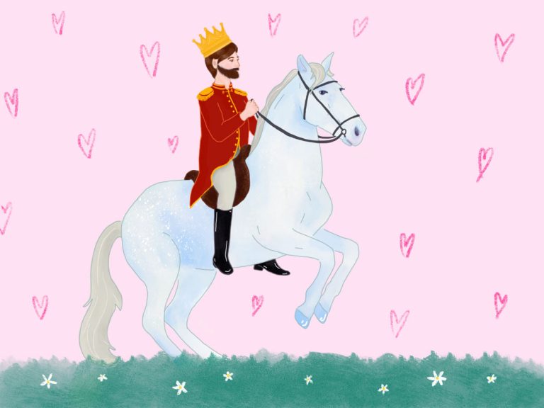 Ein Prinz reitet auf einem weißen Pferd. Er trägt eine Krone und ein rotes Jacket. Der Hintergrund ist ros und darauf sind Herzen gezeichnet. Der Untergrund ist eine Wiese mit weißen Blümchen