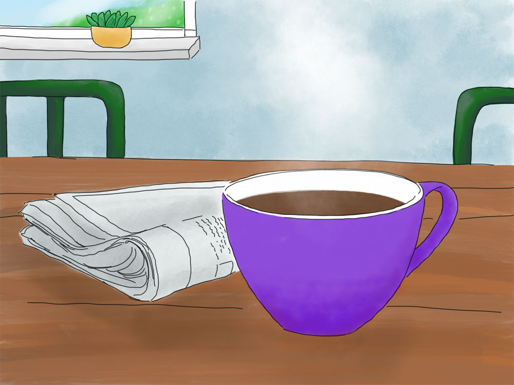 Ein lilafarbiger Becher mit Kaffee steht auf einem Tisch. Daneben liegt eine Zeitung. Im Hintergrund sieht man zwei lila Stuhllehnen und einen Ausschnitt eines Fensters