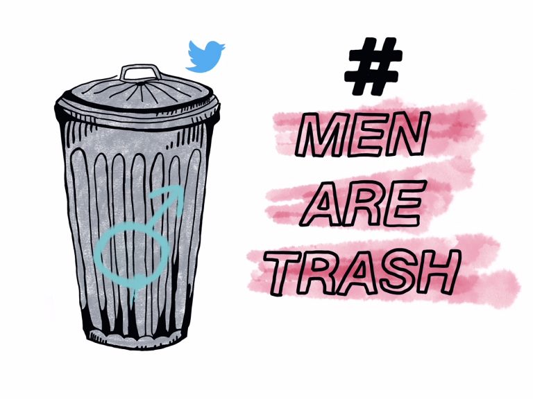Gezeichnete Abbildung einer Mülltone, mit einem aufgesprühten Männlichkeits Symbol