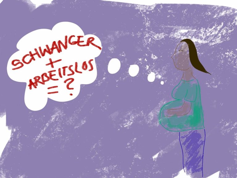gezeichnete Schwangere, lila Hintergrund, Denkblase "Arbeitslos + Schwanger", grünes Shirt, lila Hose, schwarze Haare