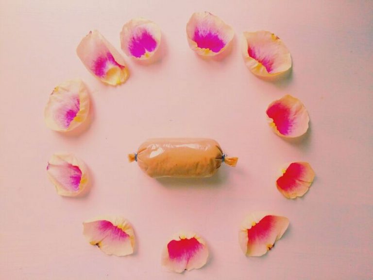Foto: Auf einem rosa Hintergrund liegt in der Mitte eine Leberwurst. Um die Leberwurst herum, ist ein Kreis aus Rosenblüten gelegt
