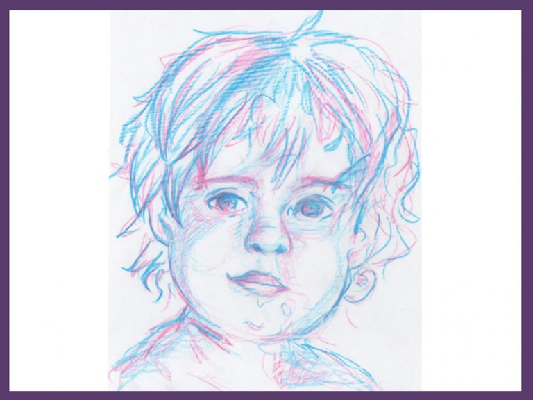 Portraitzeichnung eines Kleinkindes in hellblau und rosa