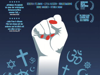 Das Poster zum Film #FemalePleasure. Es zeigt eine weiße Feminist*innenfaust mit roten Fingernägeln vor dunkelblauem Hintergrund.
