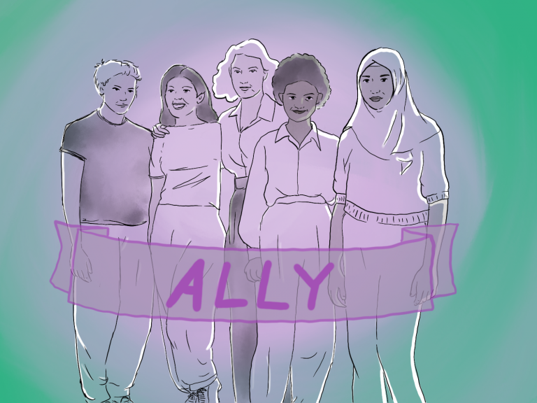 Vier Personen stehe nebeneinander. Vorne ist ein Banner mit dem Wort Ally.
