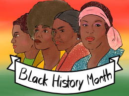 Rosa Parks, Angela Davis, Michelle Obama und Marsha P. Johnson sind als Illustration porträtiert. Vor ihnen ist ein Banner auf dem Black History Month steht.