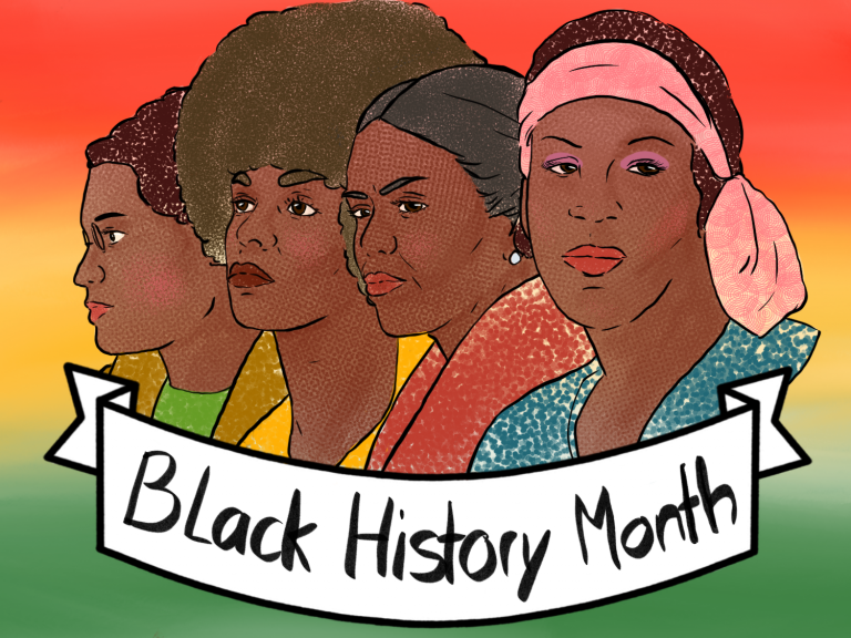 Rosa Parks, Angela Davis, Michelle Obama und Marsha P. Johnson sind als Illustration porträtiert. Vor ihnen ist ein Banner auf dem Black History Month steht.