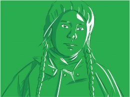 Greta Thunberg mit einer Mütze bei einem grünen Hintergrund, females for future