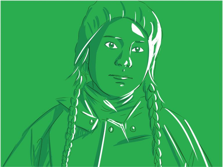 Greta Thunberg mit einer Mütze bei einem grünen Hintergrund