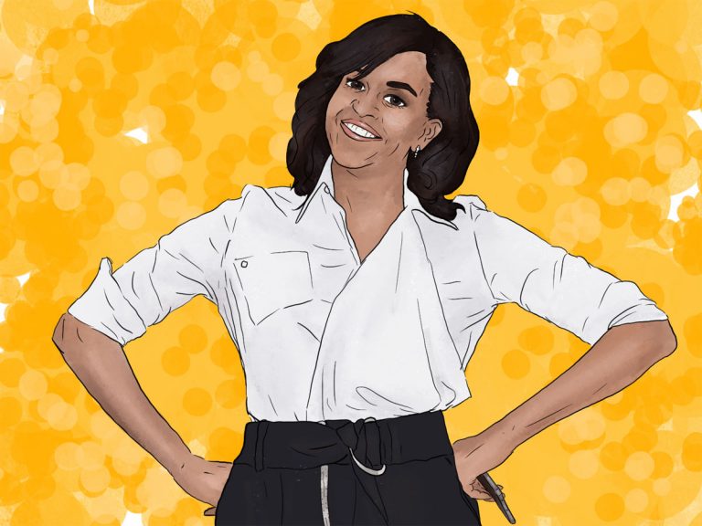 Michelle Obama vor einem gelben Hintergrund