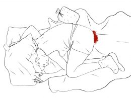 Zeichnung von einer frau, die auf einer Decke und Kissen liegt und menstruiert