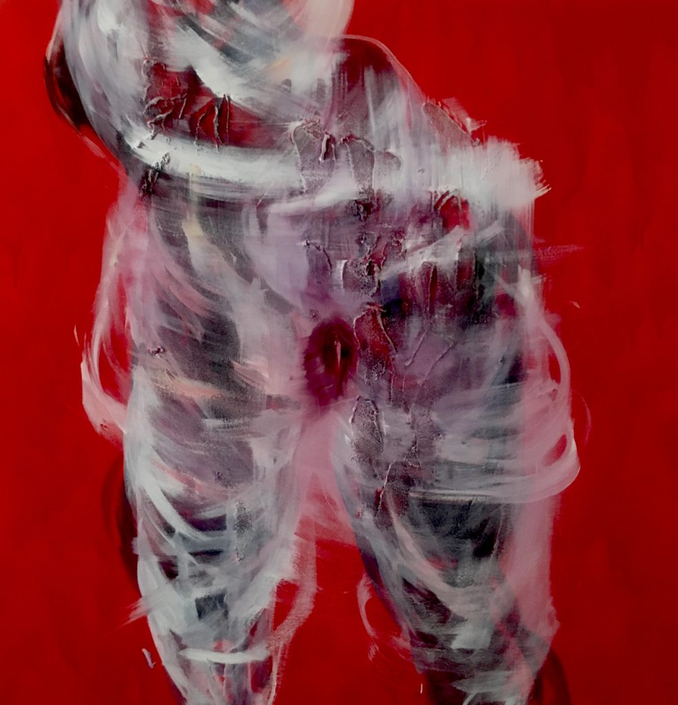 Abstrakte weiblichwe Körper im Bewegung im roter Hintergrund