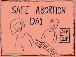 Zeichnung mit zwei Personen und zugeklebten Mündern zum Safe Abortion Day 28. September