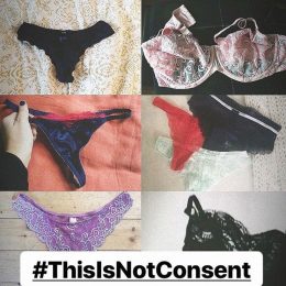 Mehrere verschiedenfarbige Tangas und Slips mit dem Hashtag this is not consent