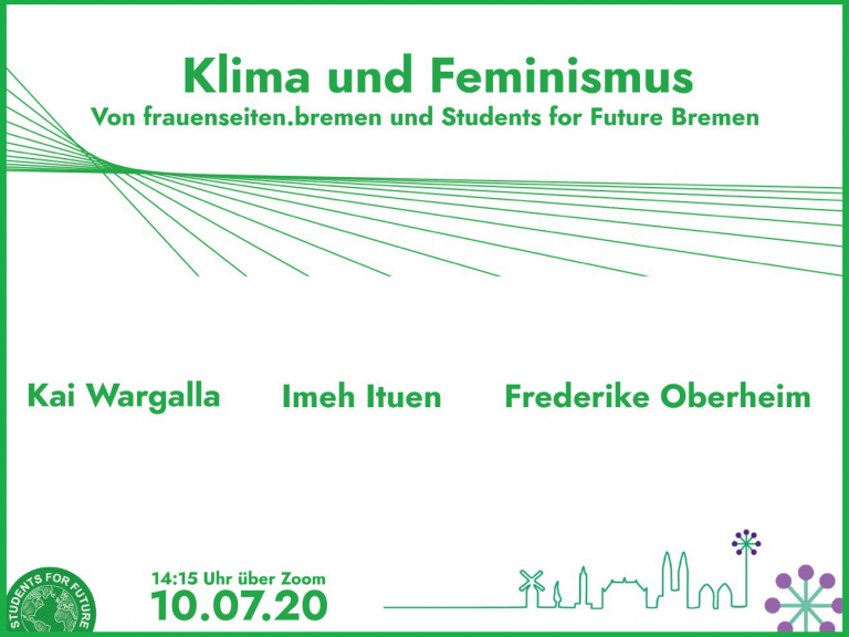 Auf der Illustration ist oben der Schriftzug 'Klima und Feminismus', weiter unten die Namen der Referentinnen und der Zeitraum des Online-Seminars