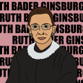 Illustriertes Portrait von Ruth Bader Ginsburg vor wiederholten Schriftzügen ihres Namens
