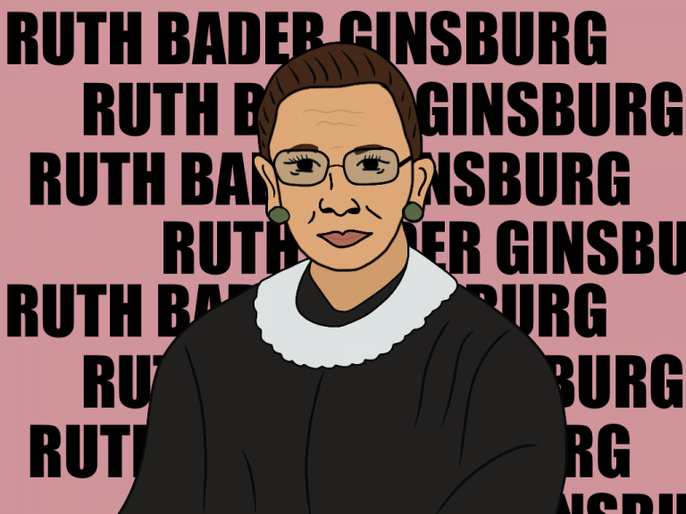 Illustriertes Portrait von Ruth Bader Ginsburg vor wiederholten Schriftzügen ihres Namens