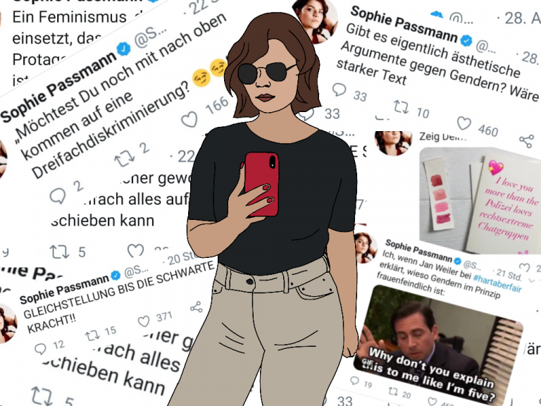 Illustration von Sophie Passmann mit einigen ihrer Tweets im Hintergrund