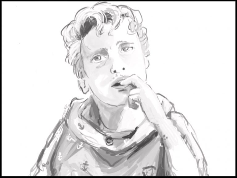 schwarz-weiß Zeichnung eines jungen Mannes, der seine Hand an den Mund hält