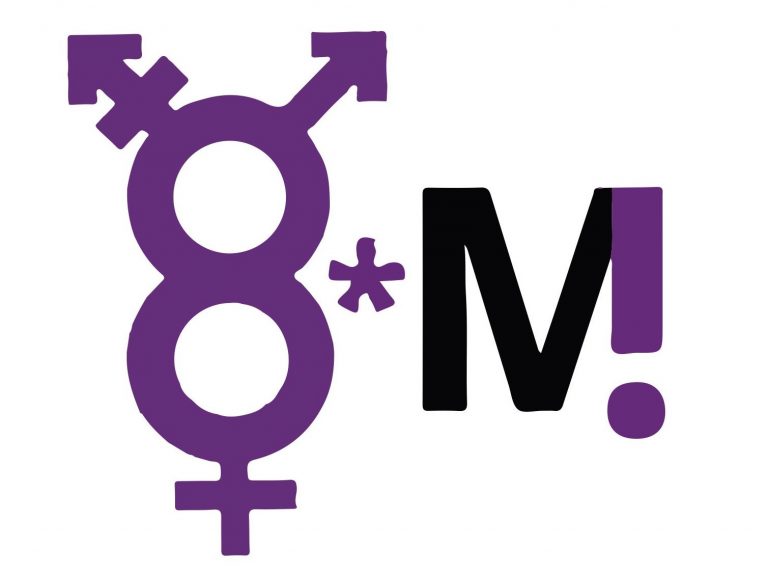 Logo des Frauen* und Queer Streiks Bremen, bestehend aus den Frauen-und Transsymbolen welche zusammen eine 8 bilden sowie rechts daneben einem "*" und ein "M", das mit einem "!" verschmolzen ist