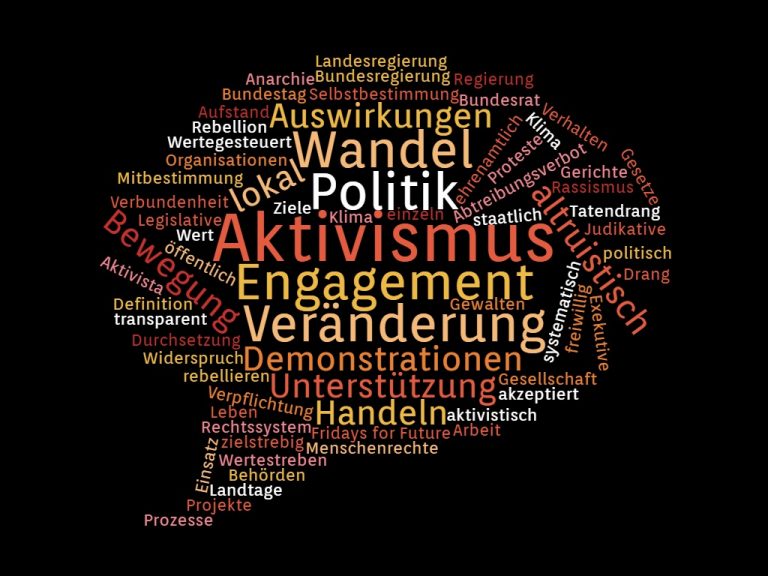 Eine Sprechblase mit bunten Wörtern auf schwarzem Grund. Die größten Wörter sind Politik, Engagement, Aktivismus, Special, Veränderung und Wandel