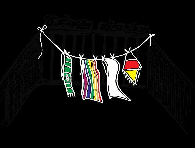 Zeichnung einer Wäscheleine mit verschiedenen Motiven wie Werder Bremen Logo und Deutschlandfahne